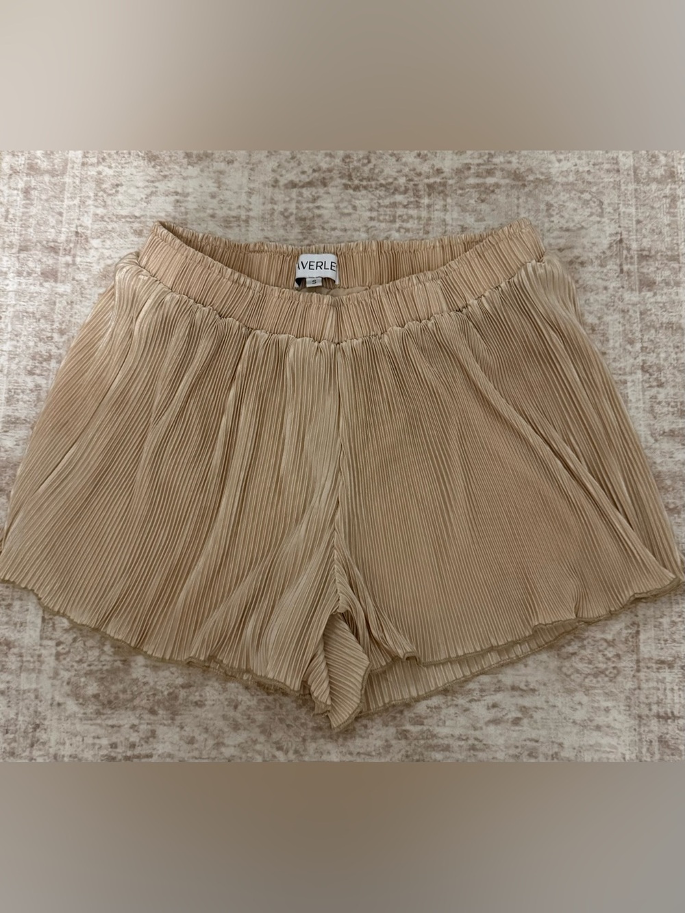 Waverly Pleated Satin Lounge Shorts in Beige - Picture 1 of 2